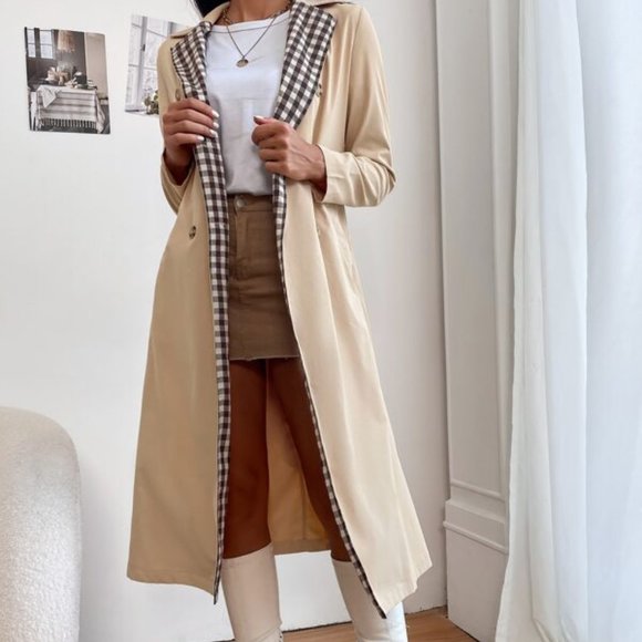 Jackets & Blazers - Gingham Lapel Collar Belted Trench Coat